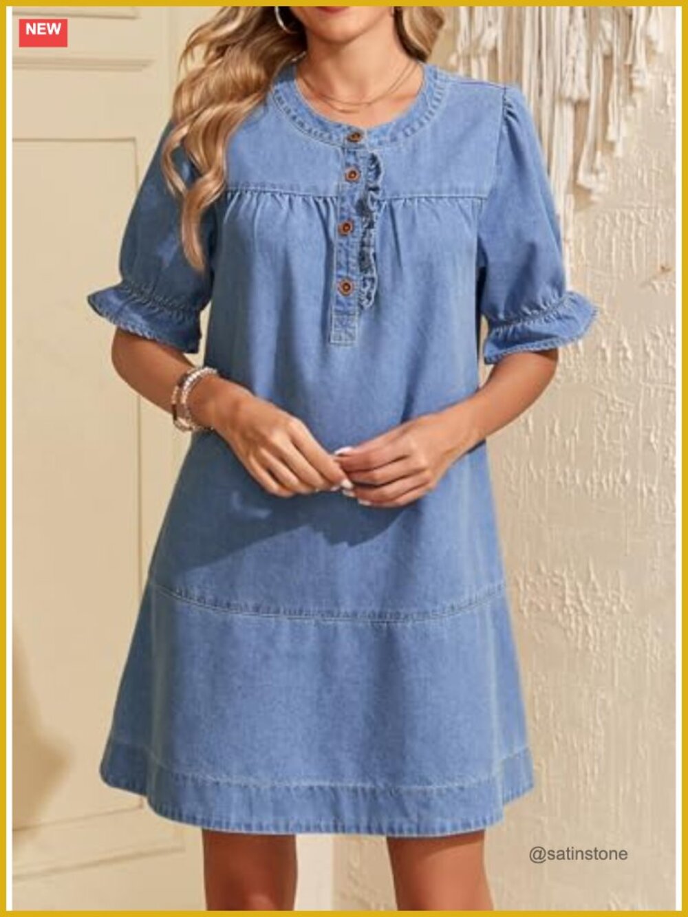 Denim Babydoll Dress Flare Short Sleeve Button Front Ruffle Cuff A-Line Mini - Picture 3 of 7